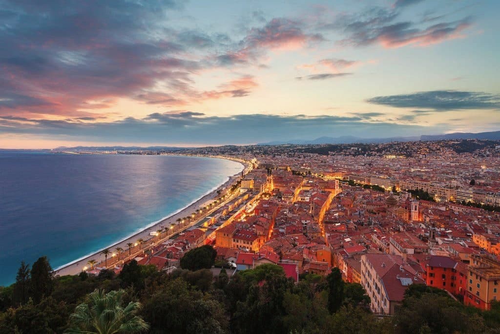 Nice at dusk from Castle Hill: the old town, the Promenade des Anglais and the Baie des Anges
